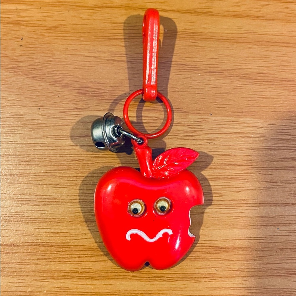 Vintage 1980s Plastic Bell Charm Red & White Apple Googly Eyes 80s Necklace